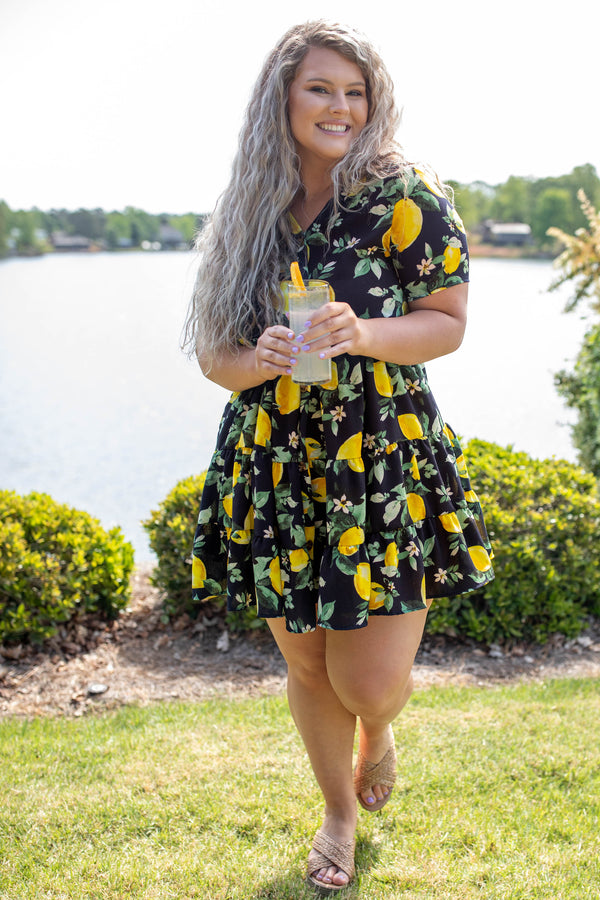 dress, casual, babydoll, blue, floral, flutter sleeve, navy, yellow
