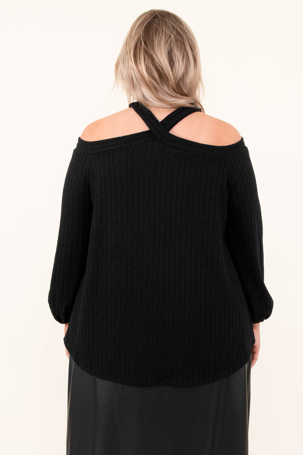 Black, Off Shoulder, Sweater, Long Sleeve, Sweater, Knit, Solid, Comfy