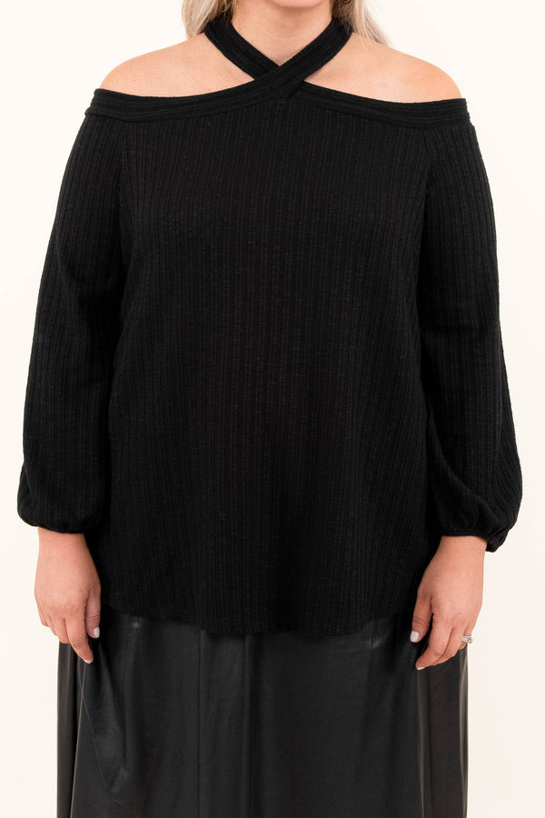 Black, Off Shoulder, Sweater, Long Sleeve, Sweater, Knit, Solid, Comfy
