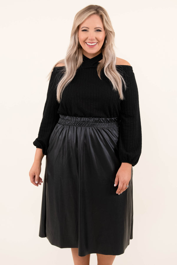 Black, Off Shoulder, Sweater, Long Sleeve, Sweater, Knit, Solid, Comfy