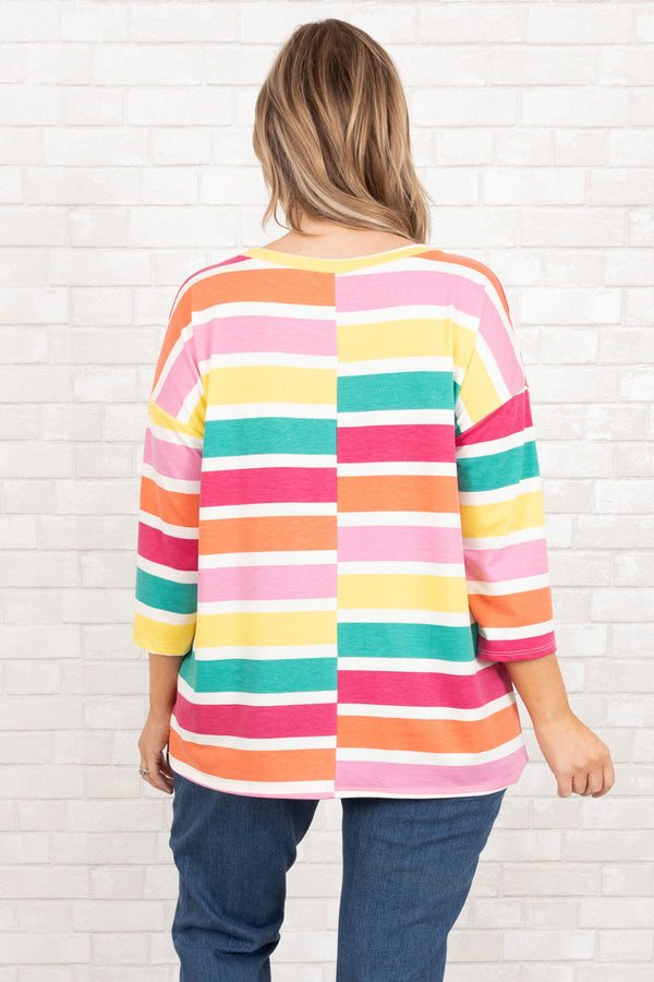 Chic Soul plus size clothing, multicolor striped top with quarter length sleeves