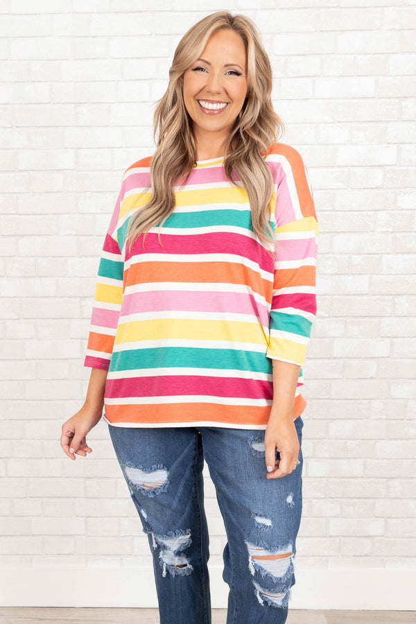 Chic Soul plus size clothing, multicolor striped top with quarter length sleeves