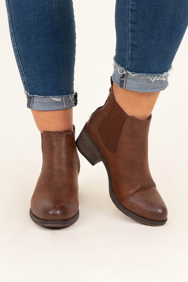 Chic Soul plus size clothing, whiskey brown color round toe booties