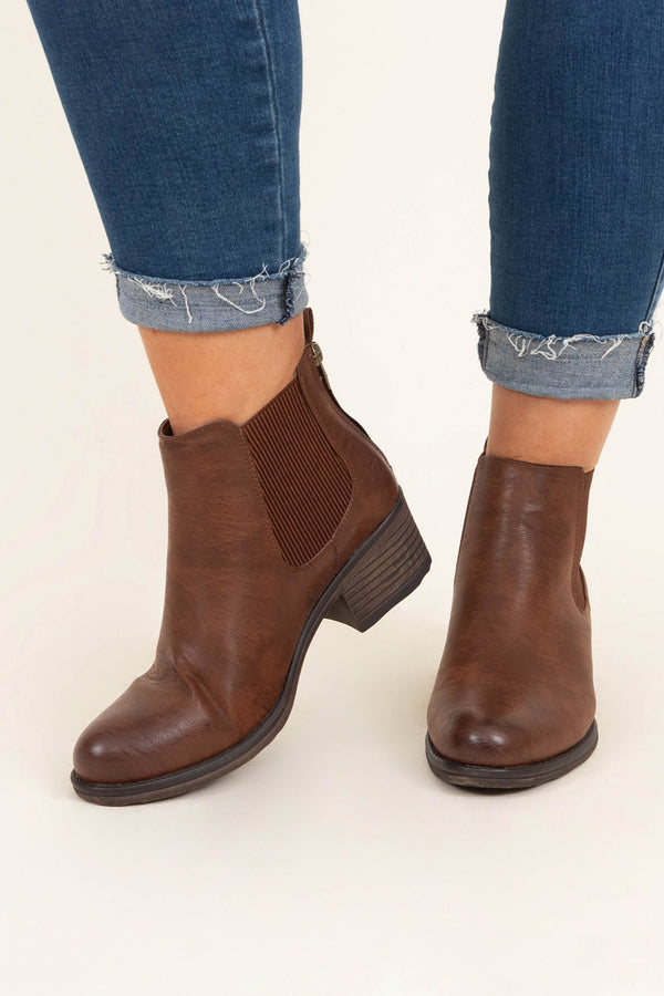 Chic Soul plus size clothing, whiskey brown color round toe booties