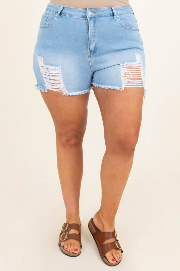   Chic Soul plus size clothing, blue denim distressed high waisted shorts