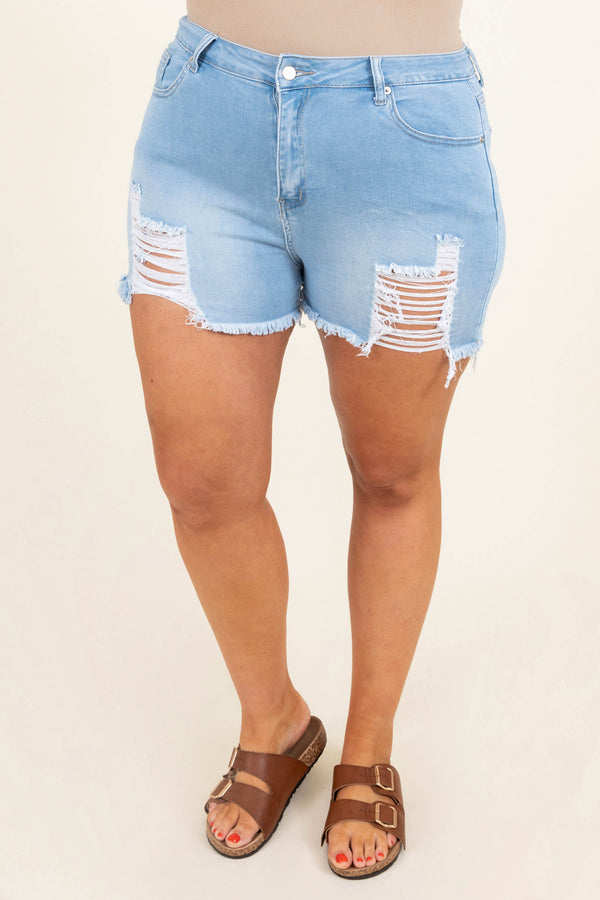 Chic Soul plus size clothing, blue denim distressed high waisted shorts