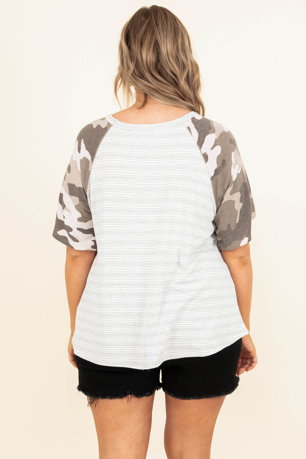 Chic Soul plus size clothing, ivory striped shirt with charcoal camo sleeves