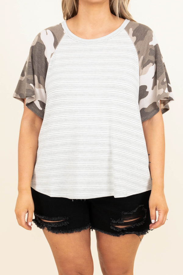 Chic Soul plus size clothing, ivory striped shirt with charcoal camo sleeves