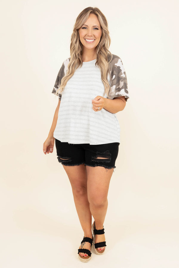 Chic Soul plus size clothing, ivory striped shirt with charcoal camo sleeves