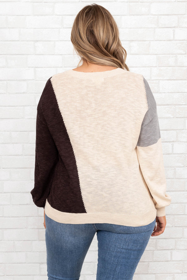 Chic Soul plus size clothing, oatmeal colorblock sweater top