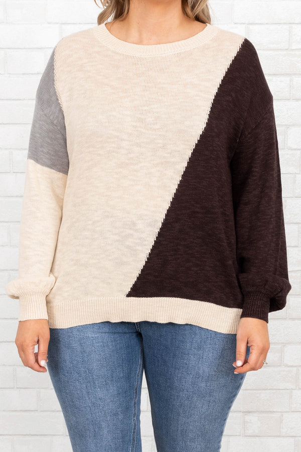 Chic Soul plus size clothing, oatmeal colorblock sweater top