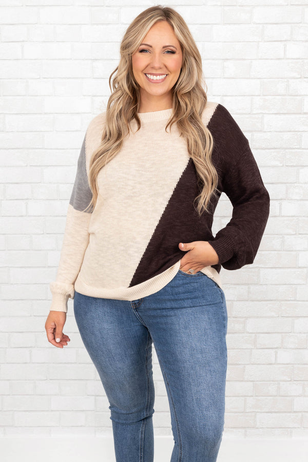 Chic Soul plus size clothing, oatmeal colorblock sweater top