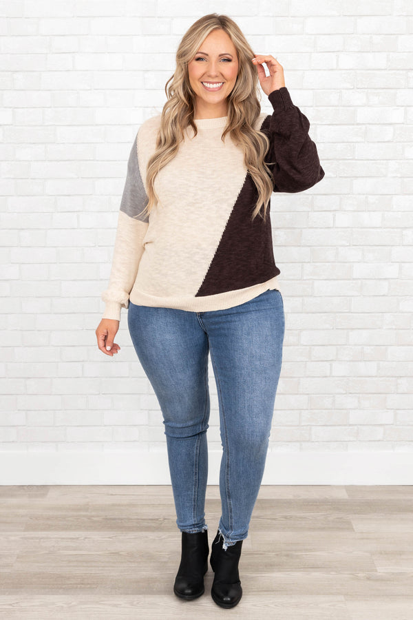 Chic Soul plus size clothing, oatmeal colorblock sweater top