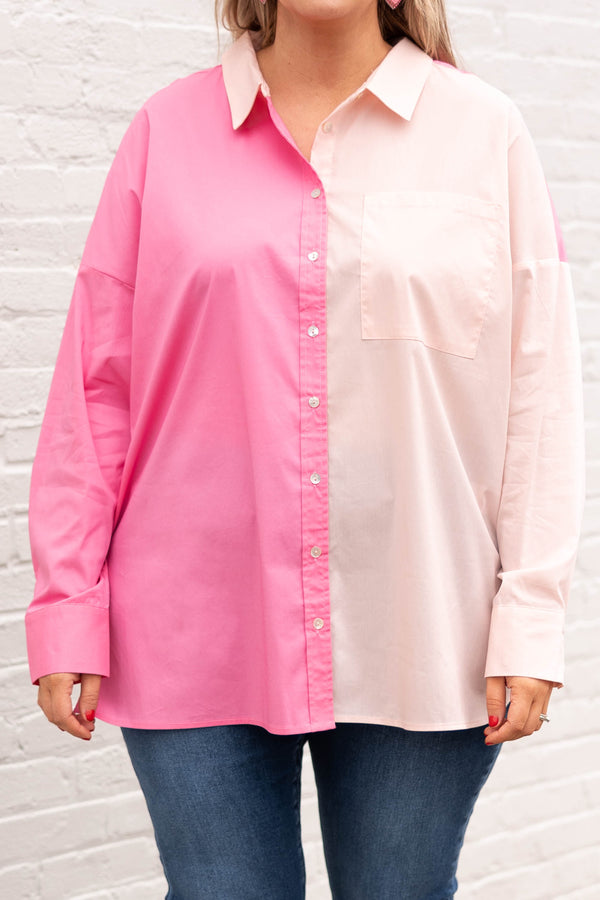 Chic Soul plus size clothing, hot pink and light pink colorblock button down collared shirt