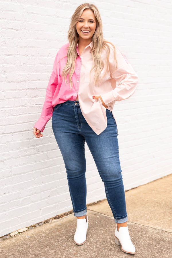 Chic Soul plus size clothing, hot pink and light pink colorblock button down collared shirt