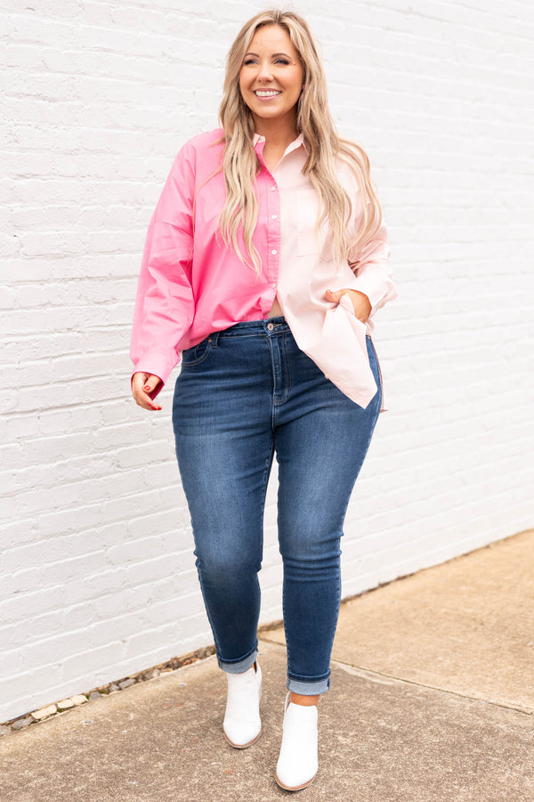 Chic Soul plus size clothing, hot pink and light pink colorblock button down collared shirt