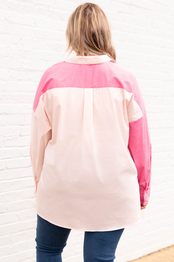 Chic Soul plus size clothing, hot pink and light pink colorblock button down collared shirt