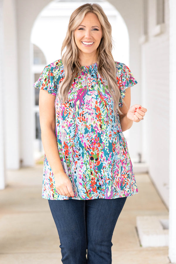 Chic Soul plus size clothing, aqua top with multicolor floral pattern and flutter sleeves