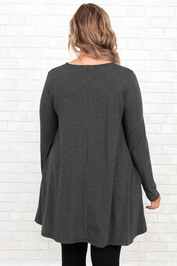 Chic Soul plus size clothing, charcoal flowy tunic with pockets