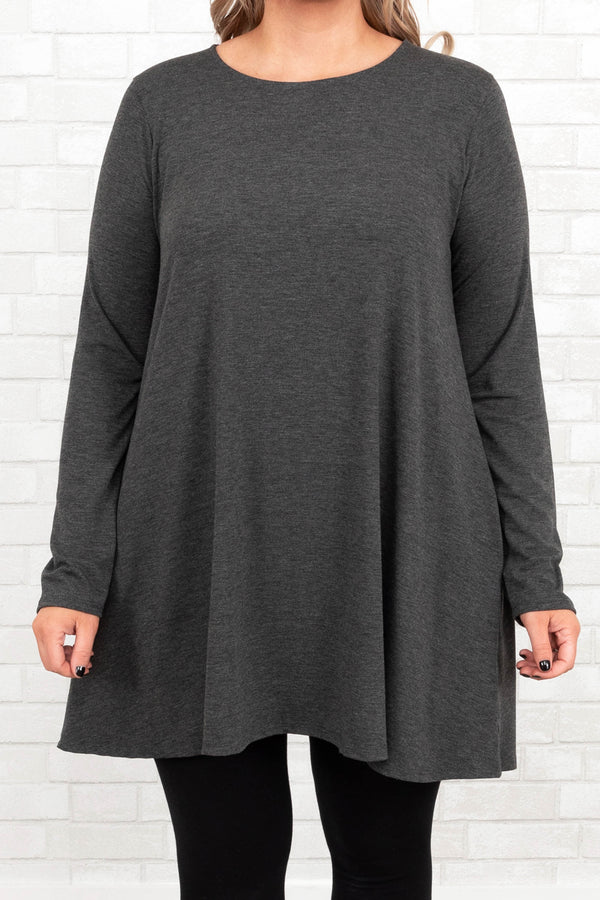 Chic Soul plus size clothing, charcoal flowy tunic with pockets
