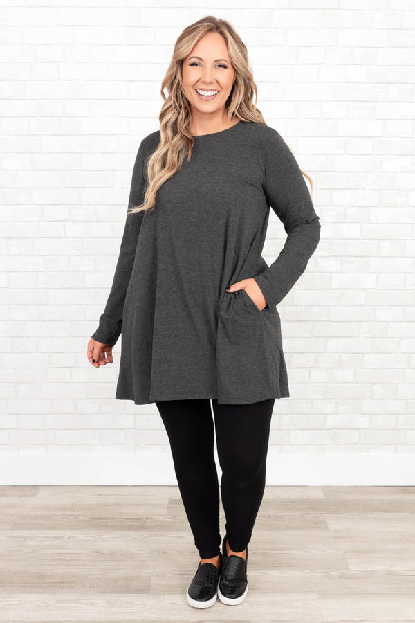Chic Soul plus size clothing, charcoal flowy tunic with pockets