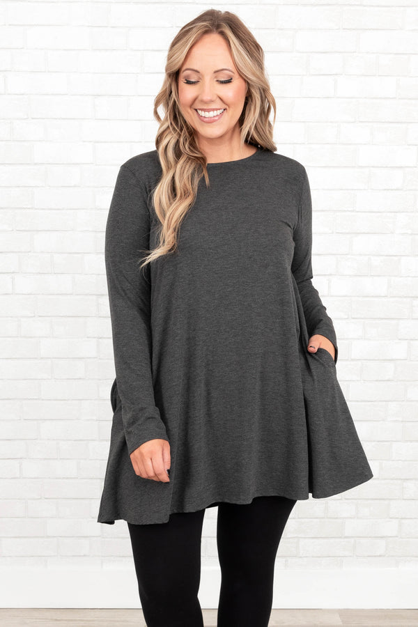 Chic Soul plus size clothing, charcoal flowy tunic with pockets