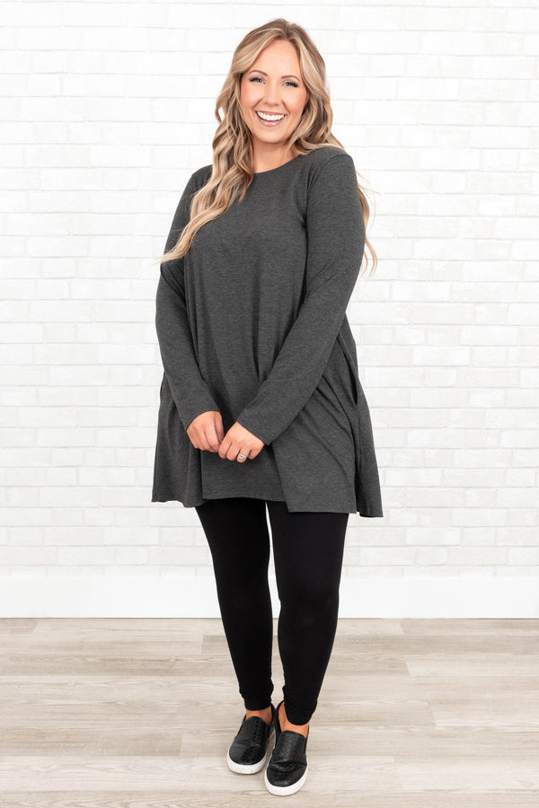 Chic Soul plus size clothing, charcoal flowy tunic with pockets