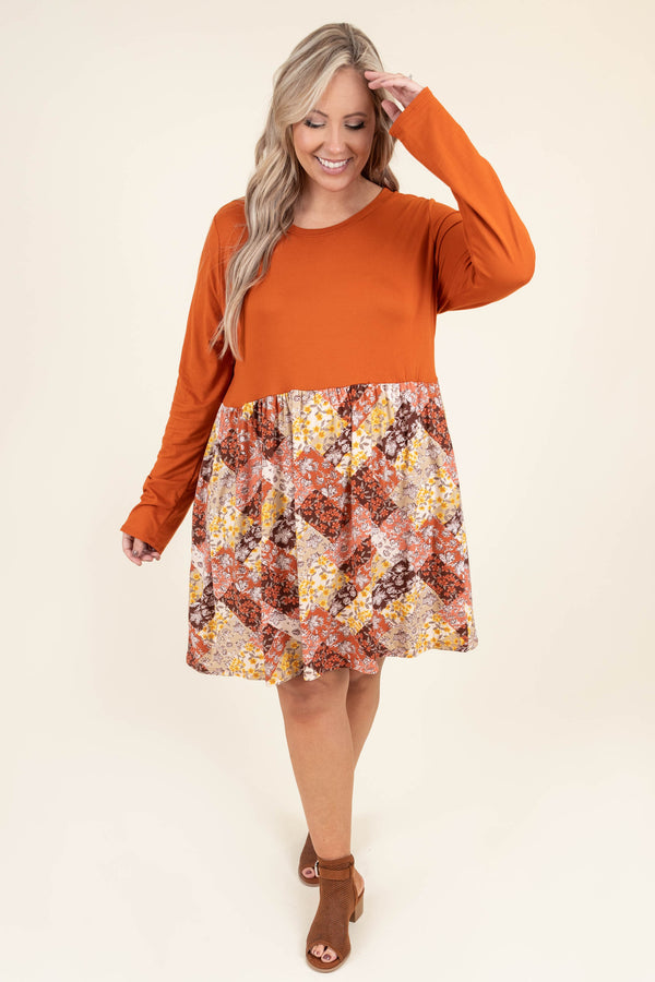 Chic Soul plus size clothing, rust long sleeve mini dress with patterned skirt