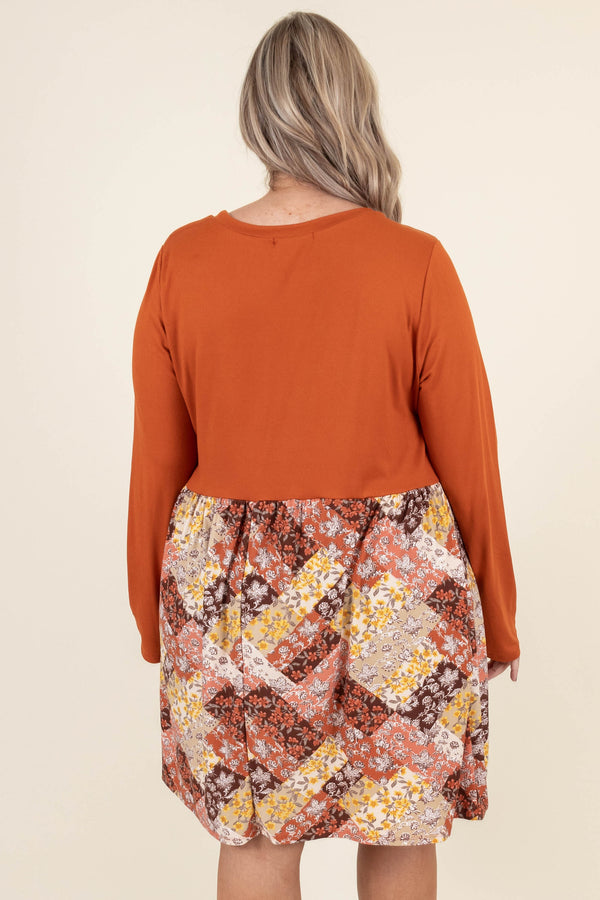 Chic Soul plus size clothing, rust long sleeve mini dress with patterned skirt