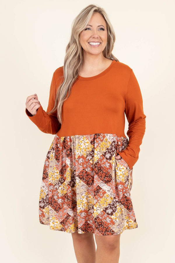 Chic Soul plus size clothing, rust long sleeve mini dress with patterned skirt
