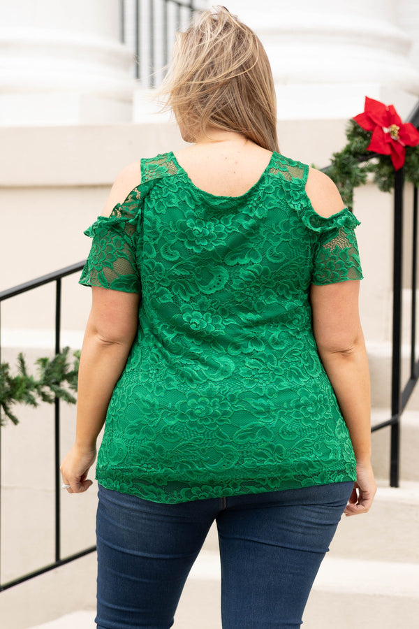 Chic Soul plus size clothing, kelly green floral lace cold shoulder short sleeve top
