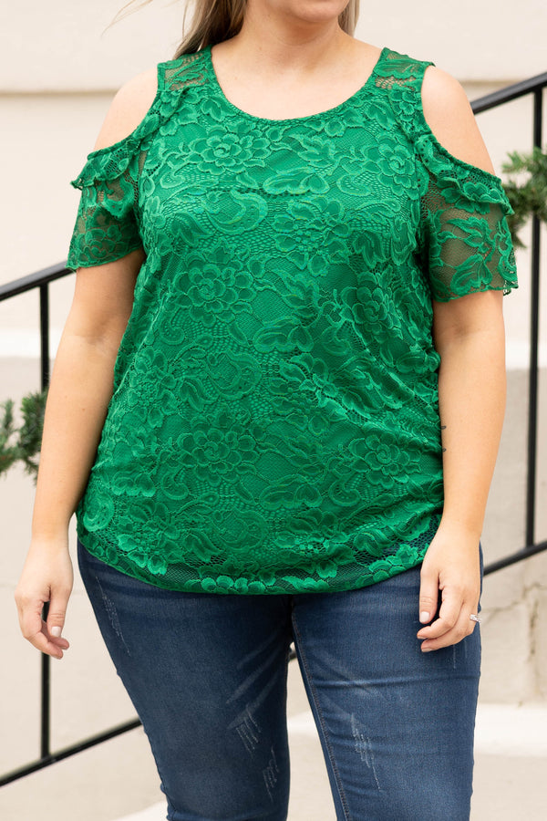 Chic Soul plus size clothing, kelly green floral lace cold shoulder short sleeve top