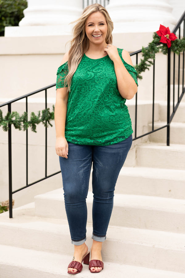 Chic Soul plus size clothing, kelly green floral lace cold shoulder short sleeve top