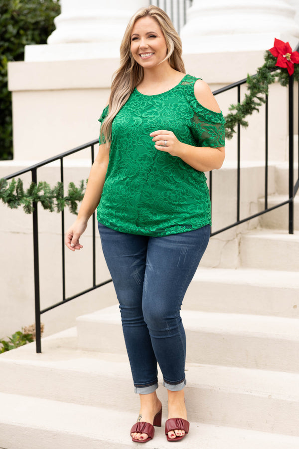 Chic Soul plus size clothing, kelly green floral lace cold shoulder short sleeve top