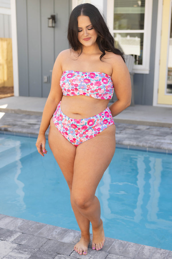 Chic Soul plus size clothing, pink floral sleevless tube top style swim top