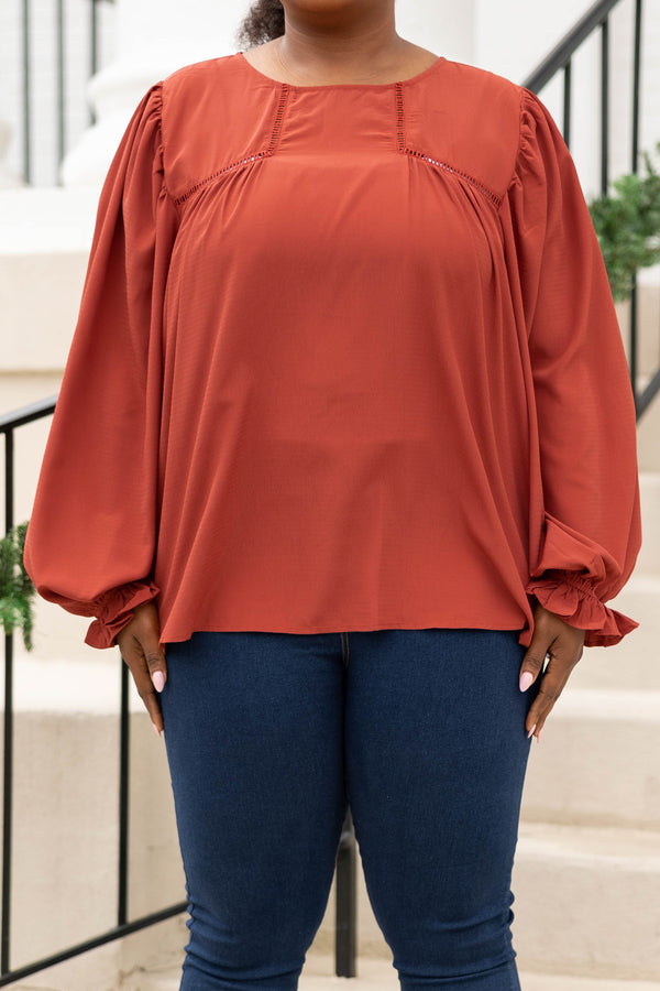 Chic Soul plus size clothing, rust solid long bubble sleeve top