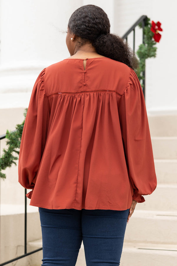 Chic Soul plus size clothing, rust solid long bubble sleeve top