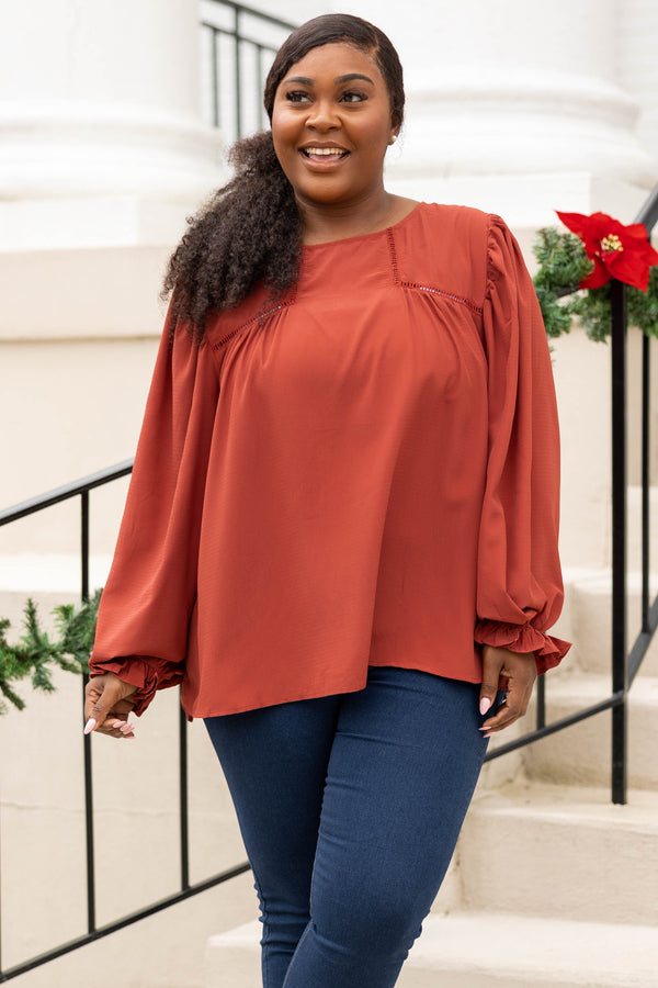 Chic Soul plus size clothing, rust solid long bubble sleeve top