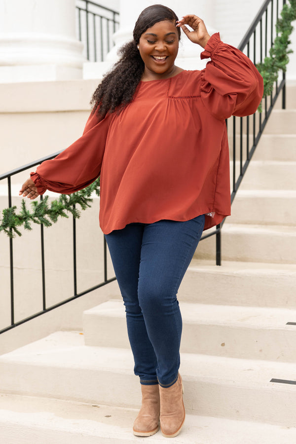 Chic Soul plus size clothing, rust solid long bubble sleeve top