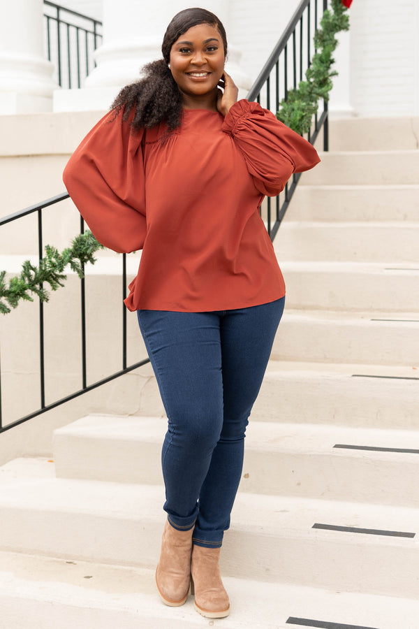 Chic Soul plus size clothing, rust solid long bubble sleeve top