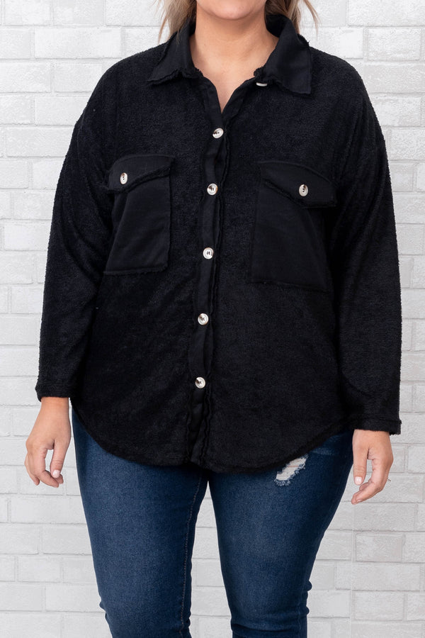 Chic Soul plus size clothing, black solid long sleeve button up shirt jacket