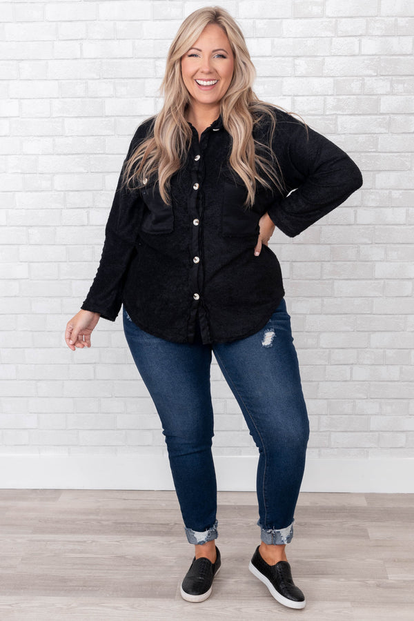 Chic Soul plus size clothing, black solid long sleeve button up shirt jacket