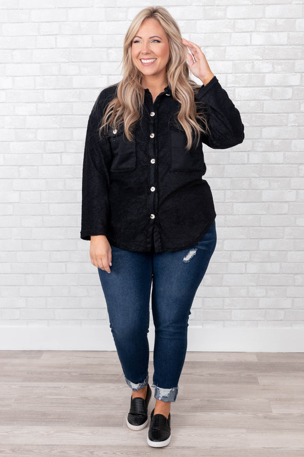 Chic Soul plus size clothing, black solid long sleeve button up shirt jacket