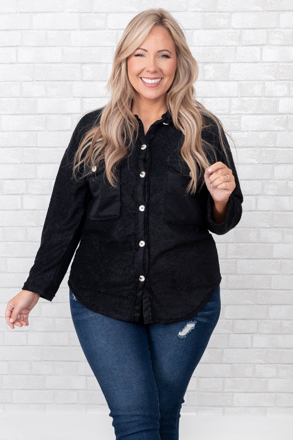 Chic Soul plus size clothing, black solid long sleeve button up shirt jacket