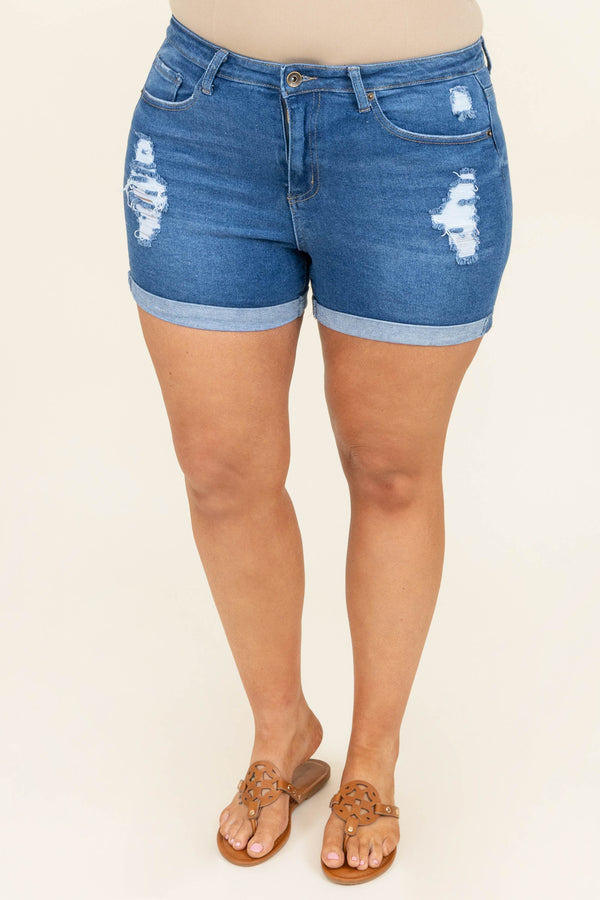 Chic Soul plus size clothing, high waisted distressed medium wash denim shorts