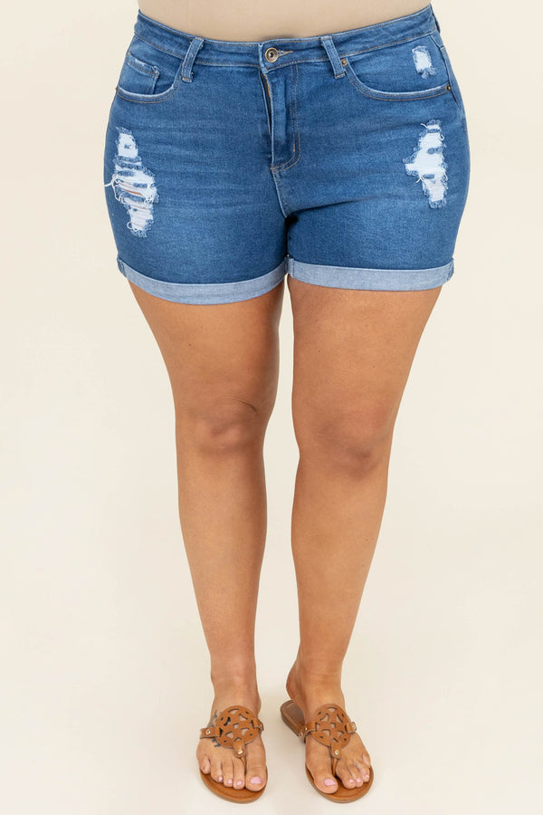 Chic Soul plus size clothing, high waisted distressed medium wash denim shorts