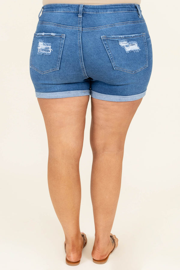 Chic Soul plus size clothing, high waisted distressed medium wash denim shorts
