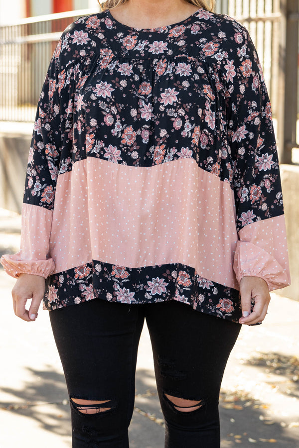 Chic Soul plus size clothing, black/copper floral color block long sleeve babydoll top