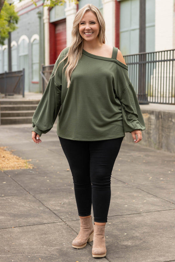 Chic Soul plus size clothing, olive off the shoulder sweatshirt top