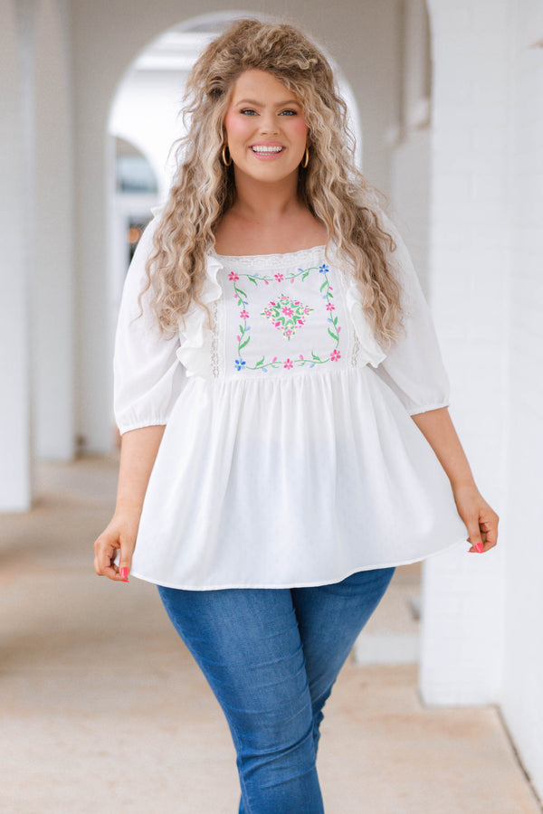 Chic Soul plus size clothing, white top with embroidered and lace detailing and ruffles
